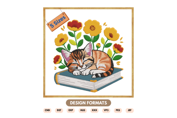 Captivating Sleeping Cat on Book Embroidery