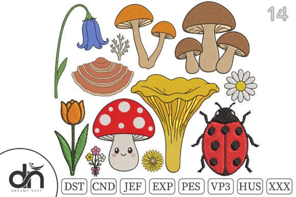 Charming 14 Tiny Mushroom Floral Embroidery Set