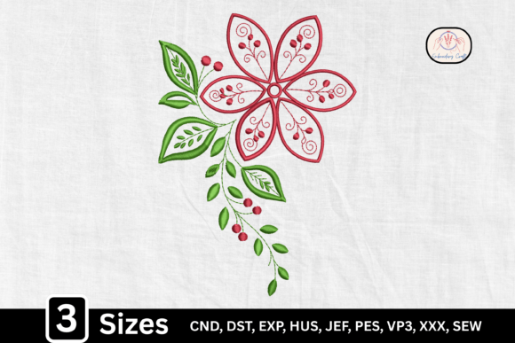 Elegant Botanical Red Flower Embroidery Design