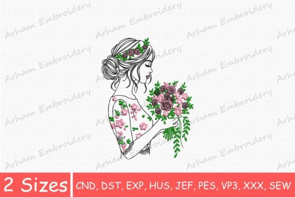 Elegant Woman with Flower Bouquet Embroidery