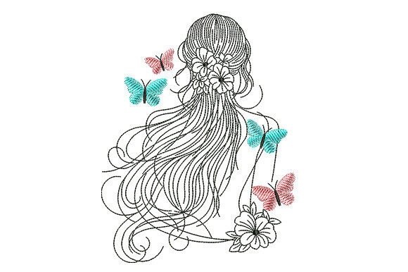 Elegant Woman with Flowing Hair Embroidery Design