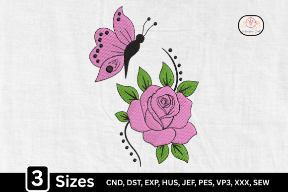 Pink Floral Butterfly Rose Embroidery Design