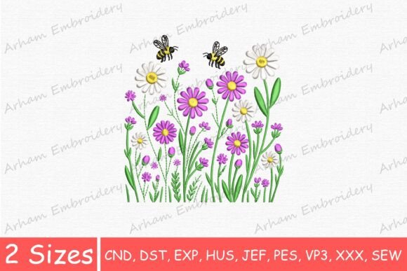 Spring Wildflower Honey Bee: A Delicate Embroidery Design